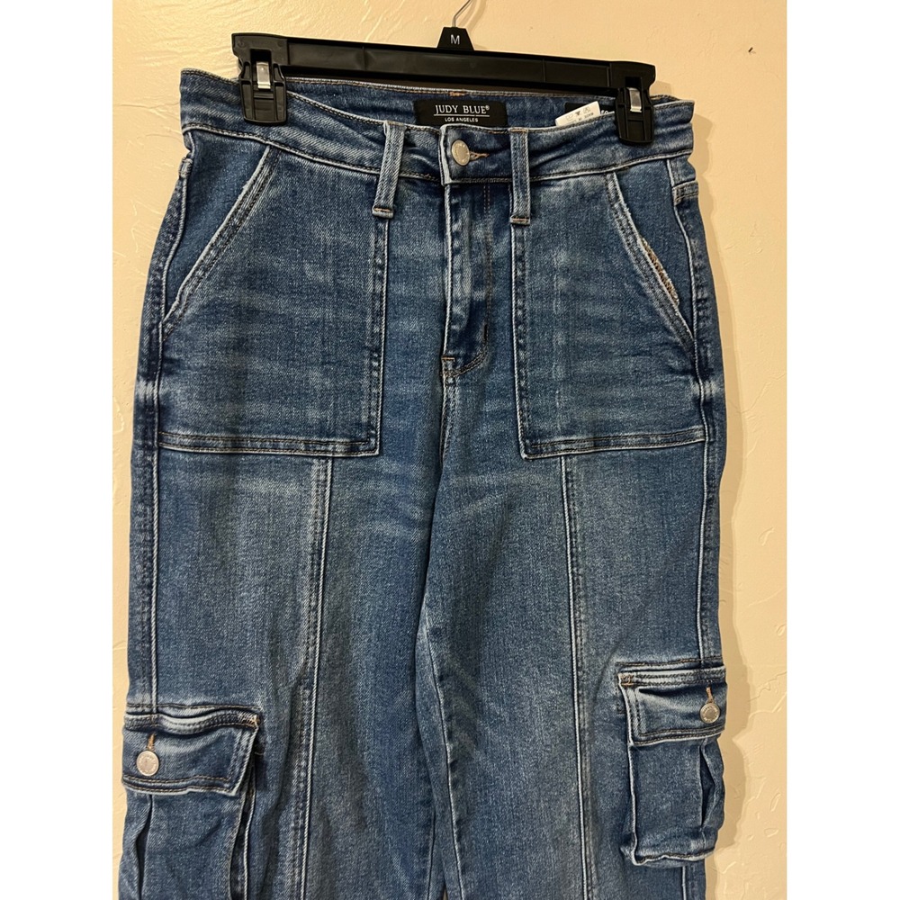 Judy Blue Macon High rise Women's Denim Cargo Pants Blue Straight Leg Pockets - Picture 2 of 6